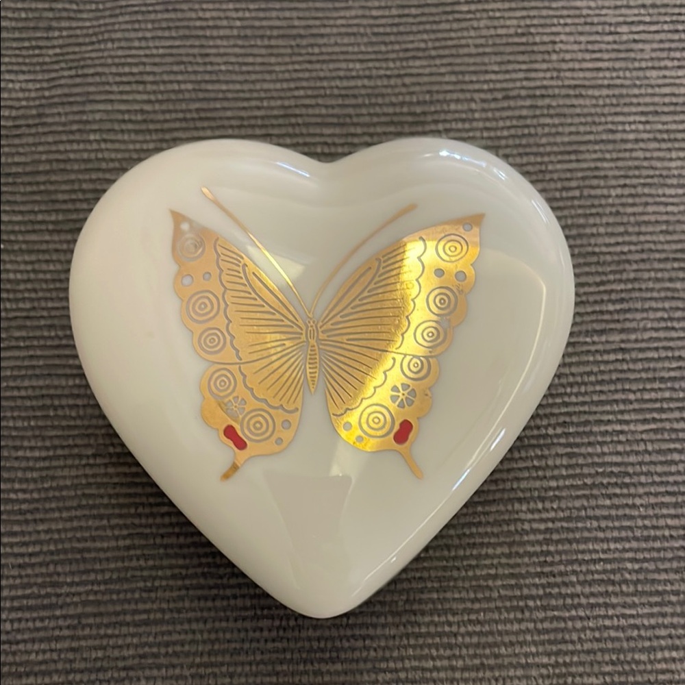 Cream and Gold Ceramic Heart with Butterfly Art